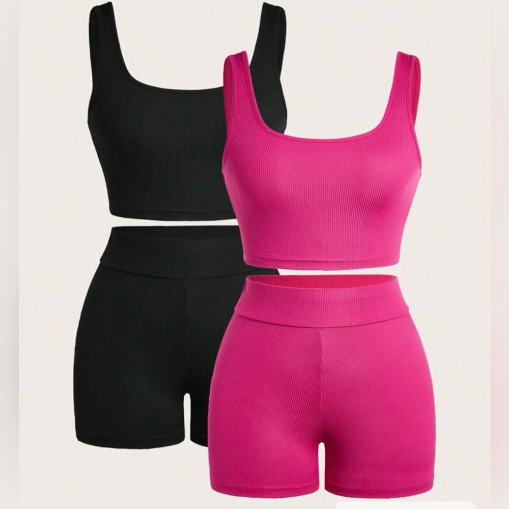 Womens Black and Pink Ribbed Crop Top and Shorts Set XS NWOT